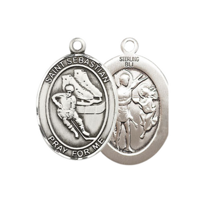 Everlasting Light Jewelry Medium Women's .925 Sterling Silver Saint St. Sebastian Hockey Pendant Necklace on 18- Inch Rhodium- Plated Lite Curb Brass Chain, Catholic Medal, Velvet Gift Box Included