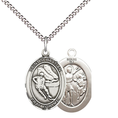 Everlasting Light Jewelry Medium Women's .925 Sterling Silver Saint St. Sebastian Hockey Pendant Necklace on 18- Inch Rhodium- Plated Lite Curb Brass Chain, Catholic Medal, Velvet Gift Box Included