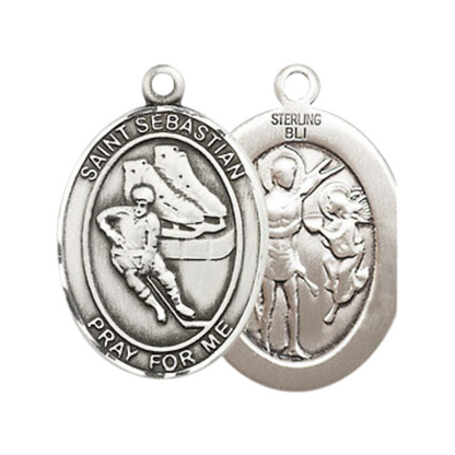 Mens Medium Oval Pewter Saint Sebastian Hockey Medal Pendant on 24" Rhodium Plated Heavy Curb Brass Chain w/ Lobster Claw Clasp, Catholic Religious Necklace -Made in USA-Velvet Gift Box