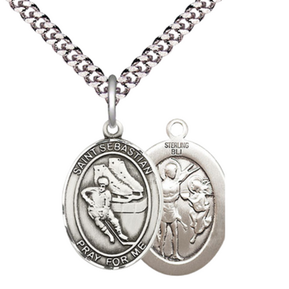 Mens Medium Oval Pewter Saint Sebastian Hockey Medal Pendant on 24" Rhodium Plated Heavy Curb Brass Chain w/ Lobster Claw Clasp, Catholic Religious Necklace -Made in USA-Velvet Gift Box