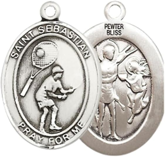 Everlasting Light Jewelry Medium Women's Pewter Saint St. Sebastian Tennis Pendant Necklace on 18- inch Rhodium- Plated Lite Curb Brass Chain – 3/4- inch Medal with Lobster Claw Clasp, Catholic Medal – Velvet Gift Box Included