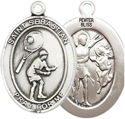 Everlasting Light Jewelry Medium Women's Pewter Saint St. Sebastian Tennis Pendant Necklace on 18- inch Rhodium- Plated Lite Curb Brass Chain – 3/4- inch Medal with Lobster Claw Clasp, Catholic Medal – Velvet Gift Box Included
