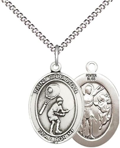 Everlasting Light Jewelry Medium Women's Pewter Saint St. Sebastian Tennis Pendant Necklace on 18- inch Rhodium- Plated Lite Curb Brass Chain – 3/4- inch Medal with Lobster Claw Clasp, Catholic Medal – Velvet Gift Box Included
