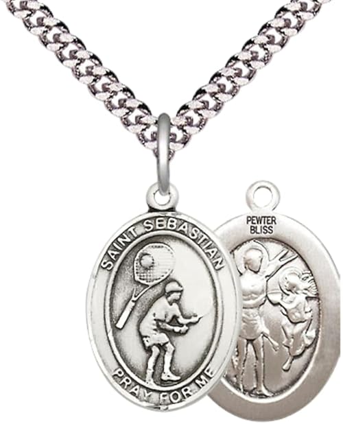 Medium Men's Pewter Saint St. Sebastian Tennis Medal Pendant on 24 Inch Endless Rhodium Plated Heavy Curb Brass Chain, Catholic Religious Necklace - Made in USA- Deluxe Velvet Gift Box