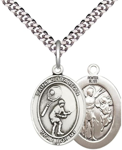 Medium Men's Pewter Saint St. Sebastian Tennis Medal Pendant on 24 Inch Endless Rhodium Plated Heavy Curb Brass Chain, Catholic Religious Necklace - Made in USA- Deluxe Velvet Gift Box