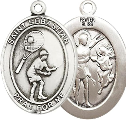 Medium Men's Pewter Saint St. Sebastian Tennis Medal Pendant on 24 Inch Endless Rhodium Plated Heavy Curb Brass Chain, Catholic Religious Necklace - Made in USA- Deluxe Velvet Gift Box