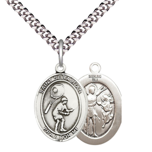 Medium Mens Oval .925 Sterling Silver Saint St. Sebastian Tennis Medal Pendant on 24 Inch Rhodium Plated Heavy Curb Brass Chain w/ Lobster Claw Clasp, Catholic Religious Necklace - Made in USA- Velvet Gift Box