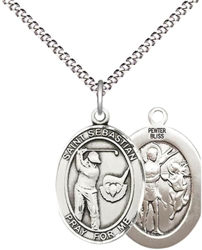 Everlasting Light Jewelry Medium Women's Pewter Saint St. Sebastian Golf Pendant Necklace on 18- inch Rhodium- Plated Lite Curb Brass Chain – 3/4- inch Medal with Lobster Claw Clasp, Catholic Medal – Velvet Gift Box Included