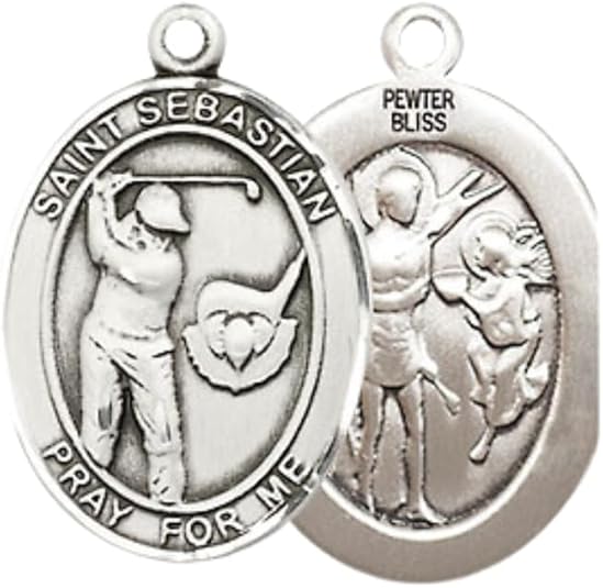 Everlasting Light Jewelry Medium Women's Pewter Saint St. Sebastian Golf Pendant Necklace on 18- inch Rhodium- Plated Lite Curb Brass Chain – 3/4- inch Medal with Lobster Claw Clasp, Catholic Medal – Velvet Gift Box Included