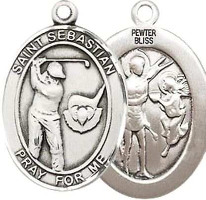 Medium Men's Pewter Saint St. Sebastian Golf Medal Pendant on 24 Inch Endless Rhodium Plated Heavy Curb Brass Chain, Catholic Religious Necklace - Made in USA- Deluxe Velvet Gift Box