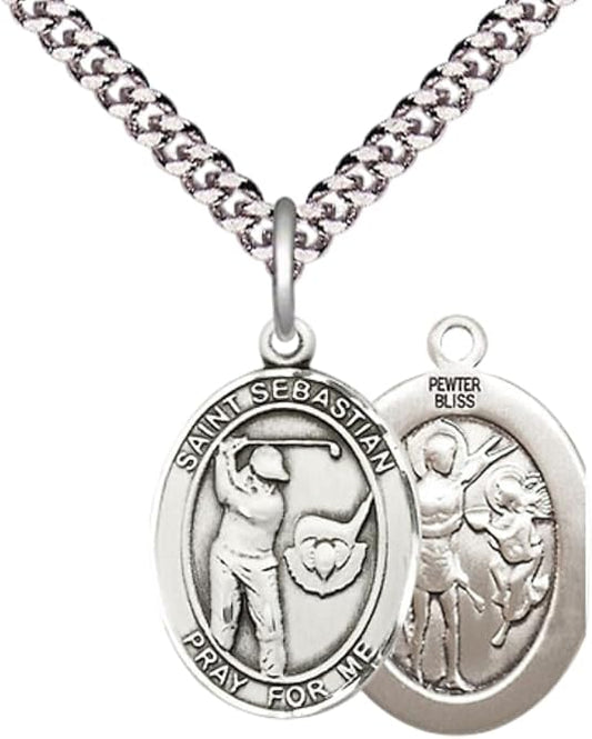 Medium Men's Pewter Saint St. Sebastian Golf Medal Pendant on 24 Inch Endless Rhodium Plated Heavy Curb Brass Chain, Catholic Religious Necklace - Made in USA- Deluxe Velvet Gift Box