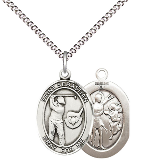 Everlasting Light Jewelry Medium Women's .925 Sterling Silver Saint St. Sebastian Golf Pendant Necklace on 18- Inch Rhodium- Plated Lite Curb Brass Chain, Catholic Medal, Velvet Gift Box Included