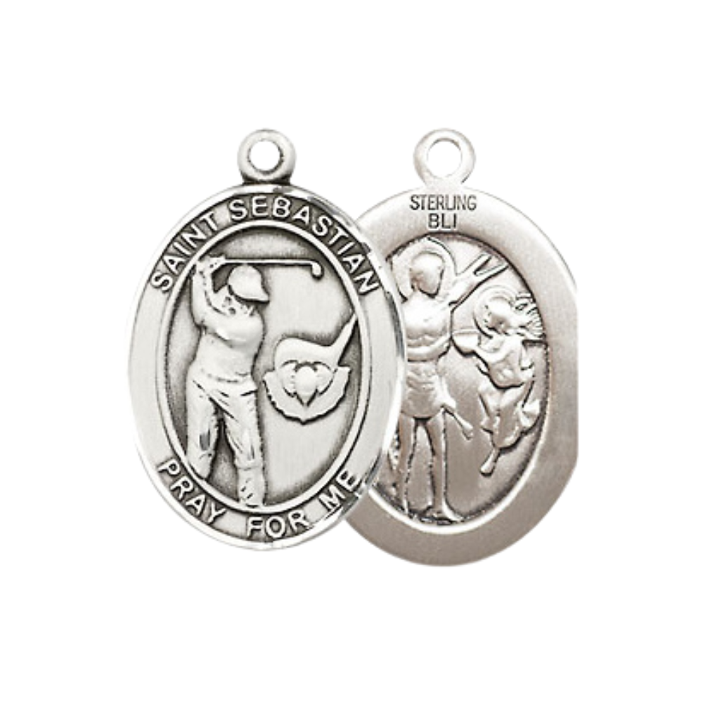 Medium Men's .925 Sterling Silver Saint St. Sebastian Golf Medal Pendant on 24 Inch Endless Rhodium Plated Heavy Curb Brass Chain, Catholic Religious Necklace - Made in USA- Deluxe Velvet Gift Box