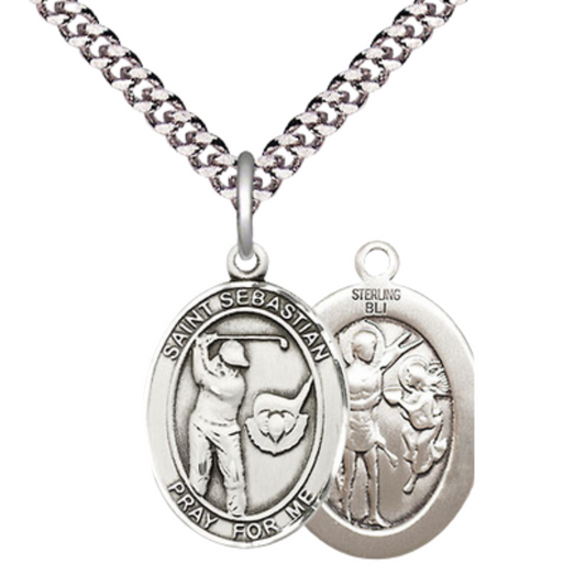 Medium Mens Oval .925 Sterling Silver Saint St. Sebastian Golf Medal Pendant on 24 Inch Rhodium Plated Heavy Curb Brass Chain w/ Lobster Claw Clasp, Catholic Religious Necklace - Made in USA- Velvet Gift Box