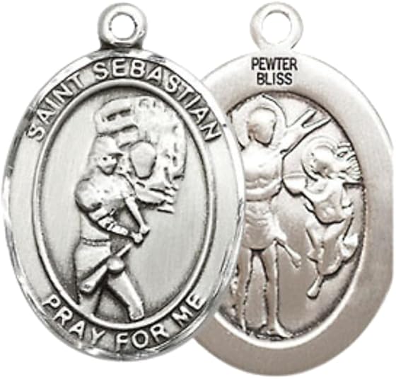 Everlasting Light Jewelry Medium Women's Pewter Saint St. Sebastian Softball Pendant Necklace on 18- inch Rhodium- Plated Lite Curb Brass Chain – 3/4- inch Medal with Lobster Claw Clasp, Catholic Medal – Velvet Gift Box Included