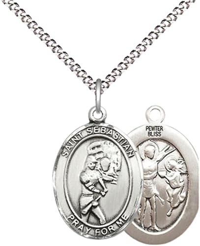 Everlasting Light Jewelry Medium Women's Pewter Saint St. Sebastian Softball Pendant Necklace on 18- inch Rhodium- Plated Lite Curb Brass Chain – 3/4- inch Medal with Lobster Claw Clasp, Catholic Medal – Velvet Gift Box Included
