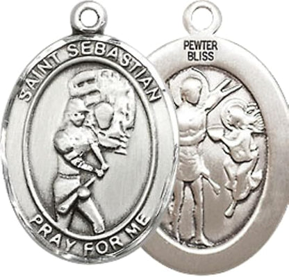 Medium Men's Pewter Saint St. Sebastian Softball Medal Pendant on 24 Inch Endless Rhodium Plated Heavy Curb Brass Chain, Catholic Religious Necklace - Made in USA- Deluxe Velvet Gift Box