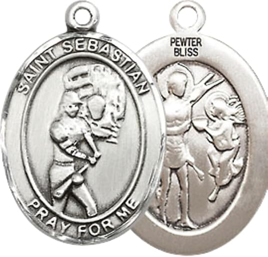Medium Men's Pewter Saint St. Sebastian Softball Medal Pendant on 24 Inch Endless Rhodium Plated Heavy Curb Brass Chain, Catholic Religious Necklace - Made in USA- Deluxe Velvet Gift Box