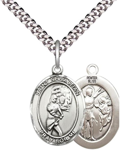 Medium Men's Pewter Saint St. Sebastian Softball Medal Pendant on 24 Inch Endless Rhodium Plated Heavy Curb Brass Chain, Catholic Religious Necklace - Made in USA- Deluxe Velvet Gift Box