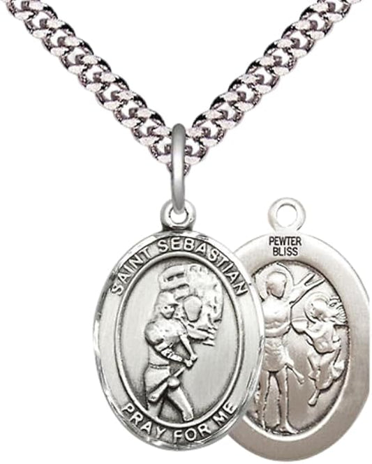 Medium Men's Pewter Saint St. Sebastian Softball Medal Pendant on 24 Inch Endless Rhodium Plated Heavy Curb Brass Chain, Catholic Religious Necklace - Made in USA- Deluxe Velvet Gift Box