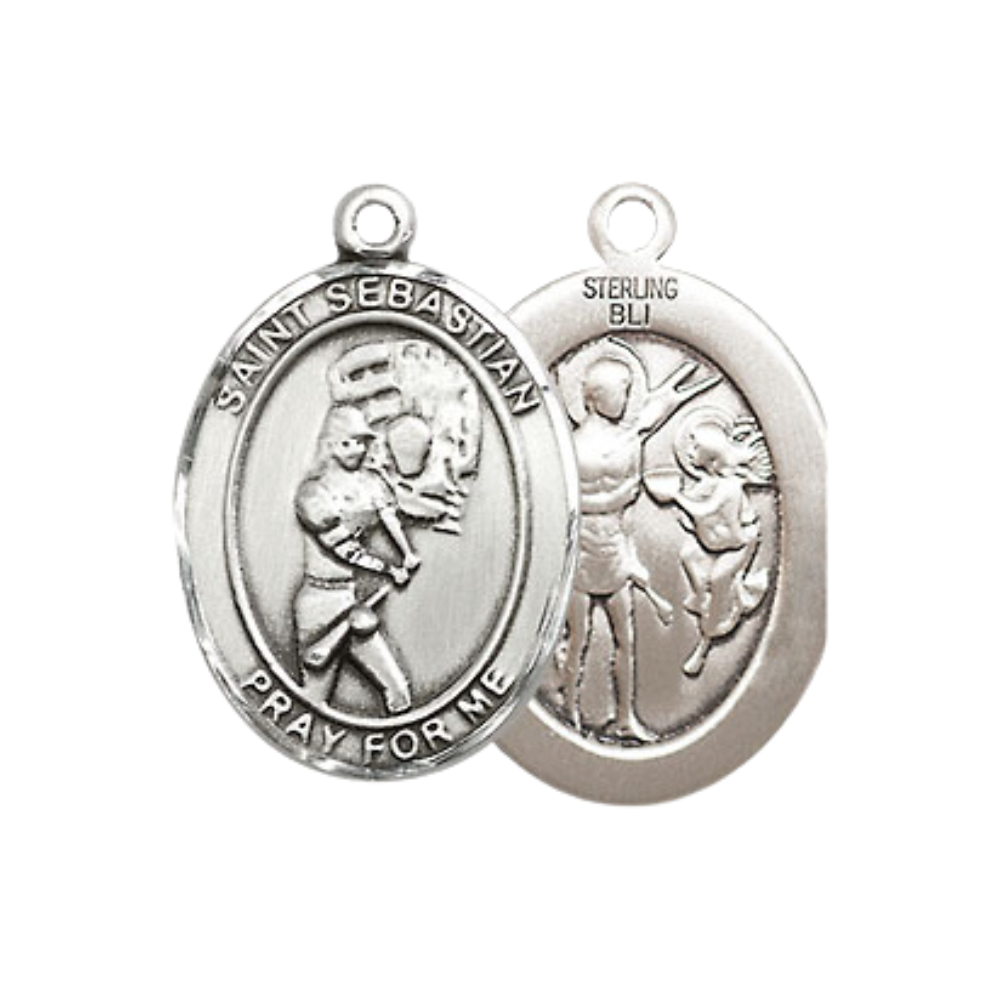 Everlasting Light Jewelry Medium Women's .925 Sterling Silver Saint St. Sebastian Softball Pendant Necklace on 18- Inch Rhodium- Plated Lite Curb Brass Chain, Catholic Medal, Velvet Gift Box Included