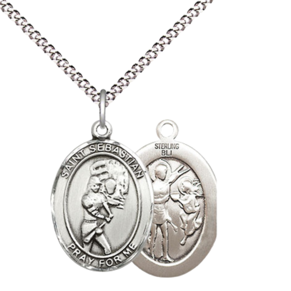 Everlasting Light Jewelry Medium Women's .925 Sterling Silver Saint St. Sebastian Softball Pendant Necklace on 18- Inch Rhodium- Plated Lite Curb Brass Chain, Catholic Medal, Velvet Gift Box Included