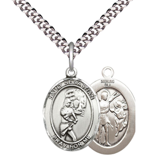 Medium Men's .925 Sterling Silver Saint St. Sebastian Softball Medal Pendant on 24 Inch Endless Rhodium Plated Heavy Curb Brass Chain, Catholic Religious Necklace - Made in USA- Deluxe Velvet Gift Box