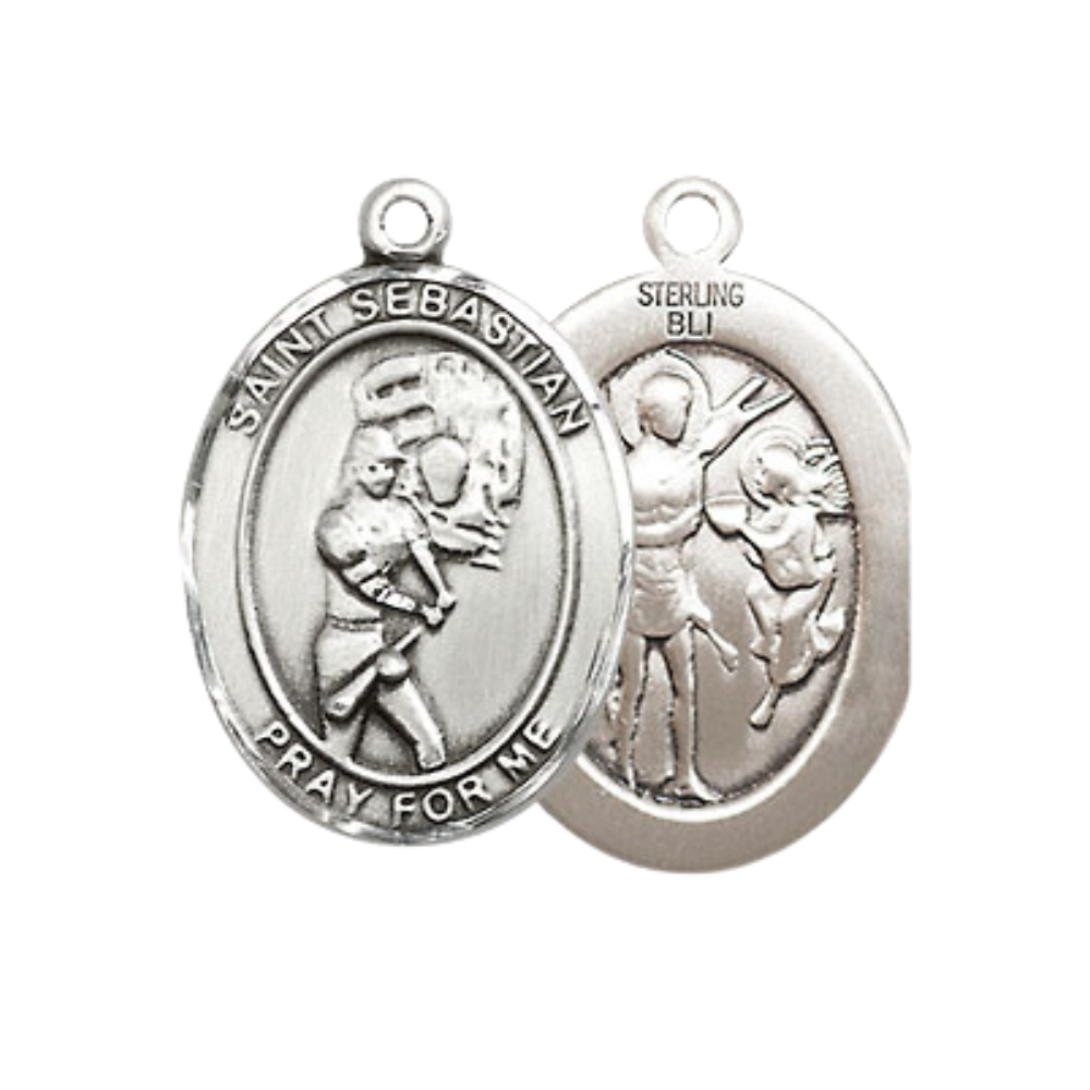 Medium Mens Oval .925 Sterling Silver Saint St. Sebastian Softball Medal Pendant on 24 Inch Rhodium Plated Heavy Curb Brass Chain w/ Lobster Claw Clasp, Catholic Religious Necklace - Made in USA- Velvet Gift Box