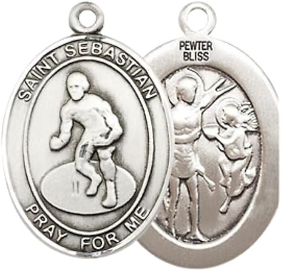 Everlasting Light Jewelry Medium Women's Pewter Saint St. Sebastian Wrestling Pendant Necklace on 18- inch Rhodium- Plated Lite Curb Brass Chain – 3/4- inch Medal with Lobster Claw Clasp, Catholic Medal – Velvet Gift Box Included