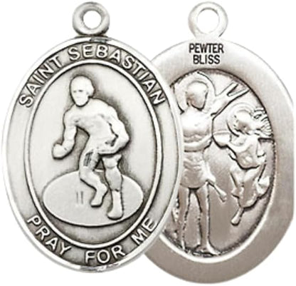 Everlasting Light Jewelry Medium Women's Pewter Saint St. Sebastian Wrestling Pendant Necklace on 18- inch Rhodium- Plated Lite Curb Brass Chain – 3/4- inch Medal with Lobster Claw Clasp, Catholic Medal – Velvet Gift Box Included