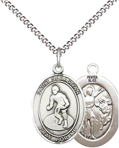 Everlasting Light Jewelry Medium Women's Pewter Saint St. Sebastian Wrestling Pendant Necklace on 18- inch Rhodium- Plated Lite Curb Brass Chain – 3/4- inch Medal with Lobster Claw Clasp, Catholic Medal – Velvet Gift Box Included
