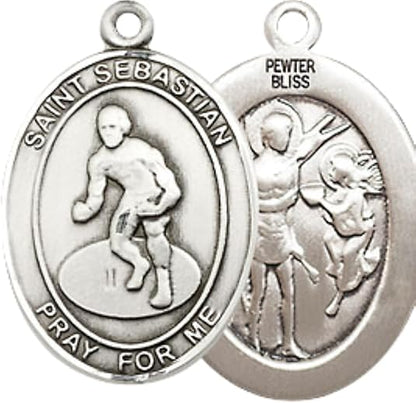 Medium Men's Pewter Saint St. Sebastian Wrestling Medal Pendant on 24 Inch Endless Rhodium Plated Heavy Curb Brass Chain, Catholic Religious Necklace - Made in USA- Deluxe Velvet Gift Box