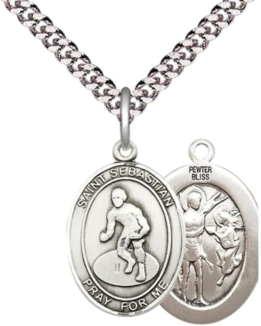 Medium Men's Pewter Saint St. Sebastian Wrestling Medal Pendant on 24 Inch Endless Rhodium Plated Heavy Curb Brass Chain, Catholic Religious Necklace - Made in USA- Deluxe Velvet Gift Box