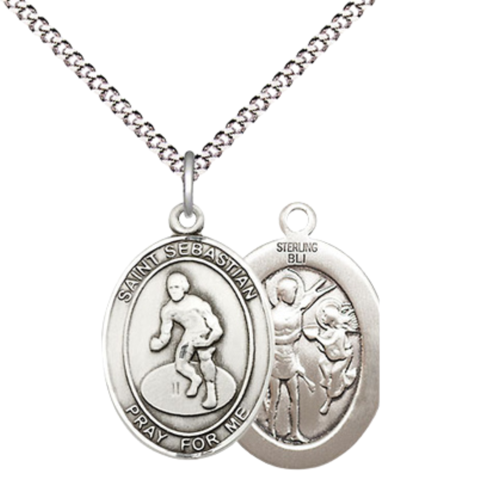 Everlasting Light Jewelry Medium Women's .925 Sterling Silver Saint St. Sebastian Wrestling Pendant Necklace on 18- Inch Rhodium- Plated Lite Curb Brass Chain, Catholic Medal, Velvet Gift Box Included