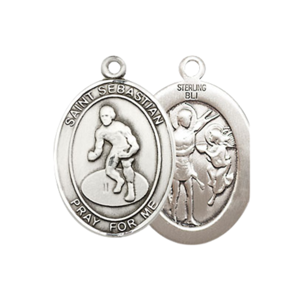 Mens Medium Oval Pewter Saint St. Sebastian Wrestling Medal Pendant on 24 Inch Rhodium Plated Heavy Curb Brass Chain w/ Lobster Claw Clasp, Catholic Religious Necklace - Made in USA- Velvet Gift Box