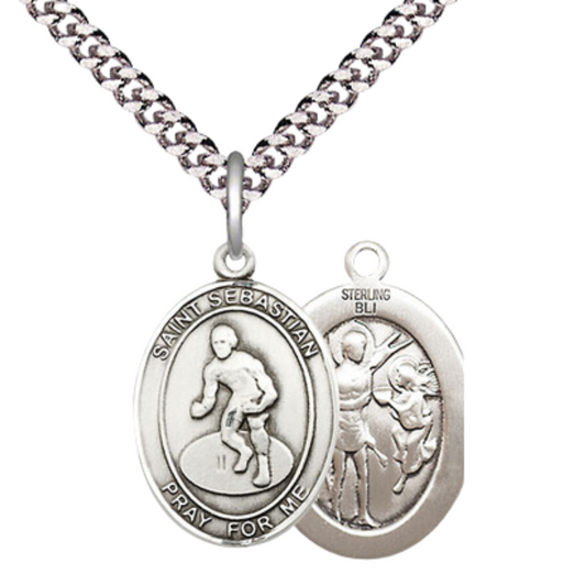 Medium Mens Oval .925 Sterling Silver Saint St. Sebastian Wrestling Medal Pendant on 24 Inch Rhodium Plated Heavy Curb Brass Chain w/ Lobster Claw Clasp, Catholic Religious Necklace - Made in USA- Gift Boxed