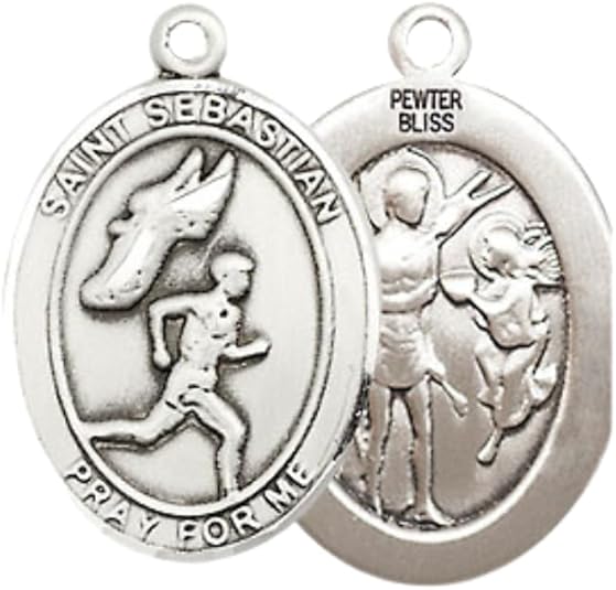 Everlasting Light Jewelry Medium Women's Pewter Saint St. Sebastian Track and Field Medal Pendant on 18 Inch Rhodium Plated Lite Curb Brass Chain w/Lobster Claw clasp, Made in USA, Catholic Medal - Deluxe Velvet Gift Box