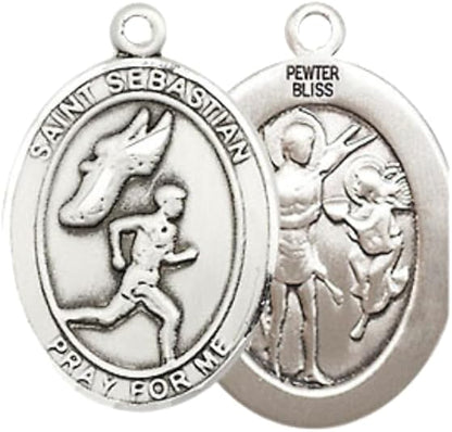 Everlasting Light Jewelry Medium Women's Pewter Saint St. Sebastian Track and Field Medal Pendant on 18 Inch Rhodium Plated Lite Curb Brass Chain w/Lobster Claw clasp, Made in USA, Catholic Medal - Deluxe Velvet Gift Box