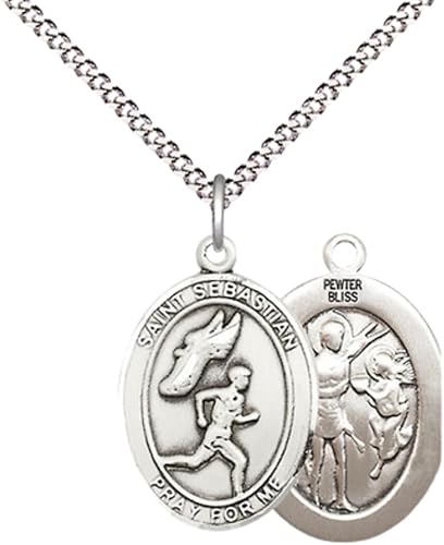 Everlasting Light Jewelry Medium Women's Pewter Saint St. Sebastian Track and Field Medal Pendant on 18 Inch Rhodium Plated Lite Curb Brass Chain w/Lobster Claw clasp, Made in USA, Catholic Medal - Deluxe Velvet Gift Box