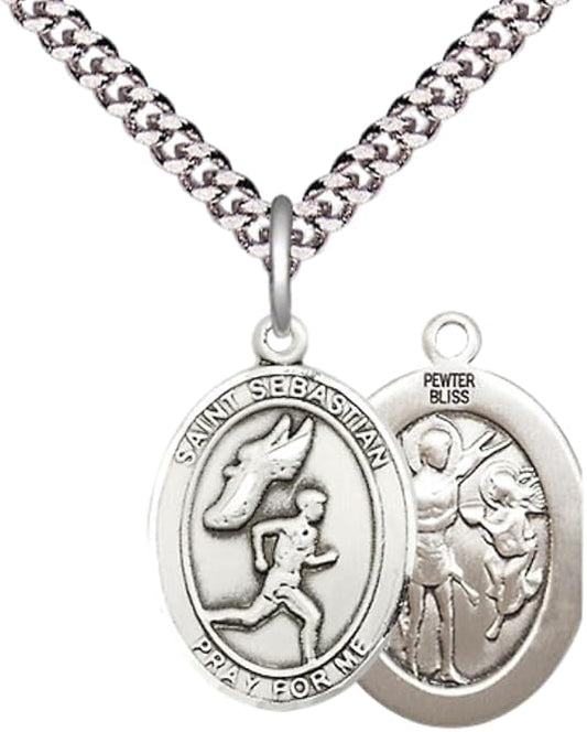 Medium Men's Pewter Saint St. Sebastian Track and Field Medal Pendant on 24 Inch Endless Rhodium Plated Heavy Curb Brass Chain, Catholic Religious Necklace - Made in USA- Deluxe Velvet Gift Box