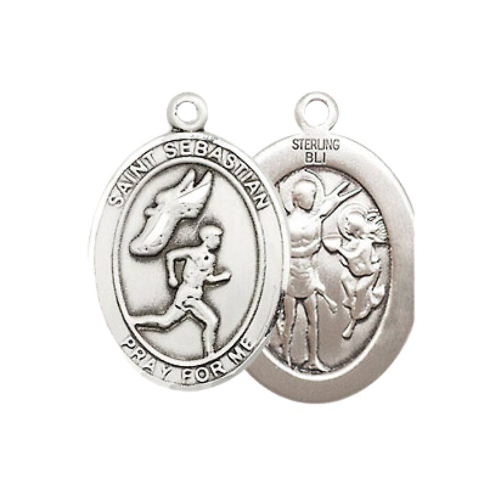 Everlasting Light Jewelry Medium Women's .925 Sterling Silver Saint St. Sebastian Track and Field Pendant Necklace on 18- Inch Rhodium- Plated Lite Curb Brass Chain, Catholic Medal, Includes Velvet Gift Box