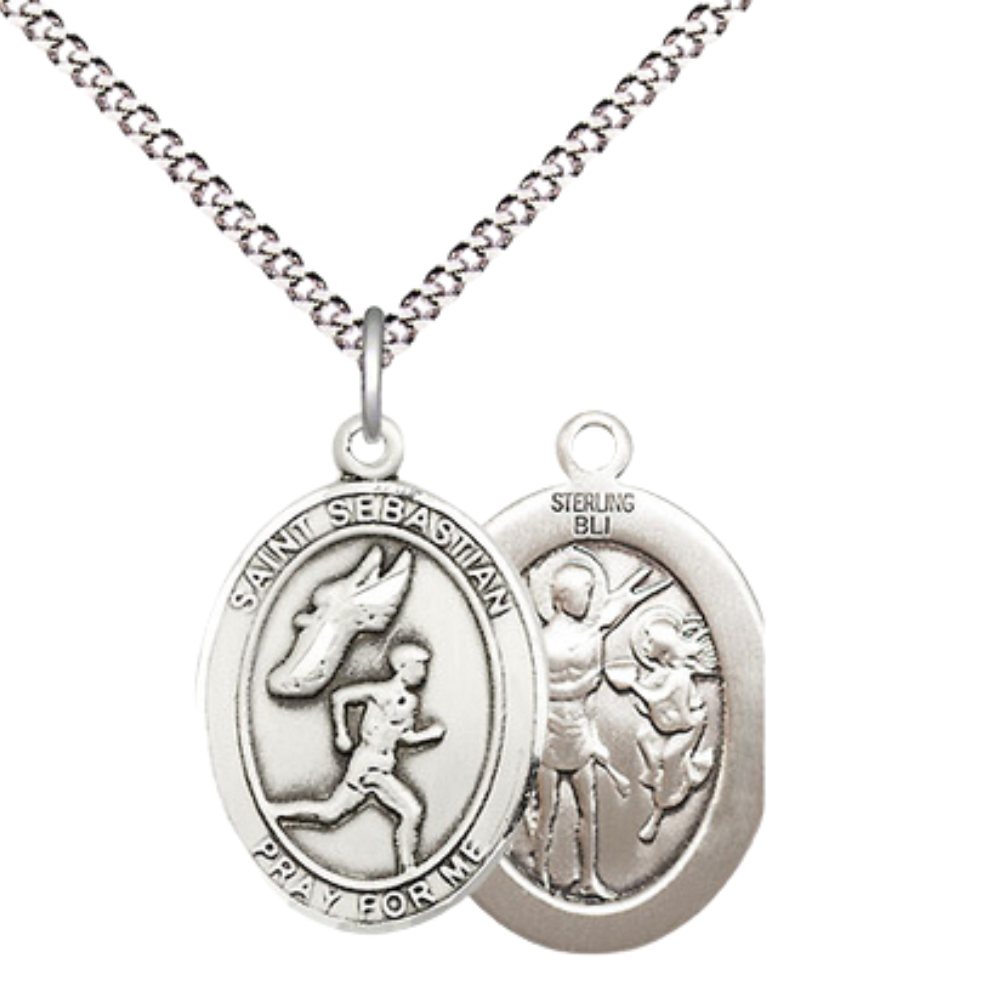 Everlasting Light Jewelry Medium Women's .925 Sterling Silver Saint St. Sebastian Track and Field Pendant Necklace on 18- Inch Rhodium- Plated Lite Curb Brass Chain, Catholic Medal, Includes Velvet Gift Box