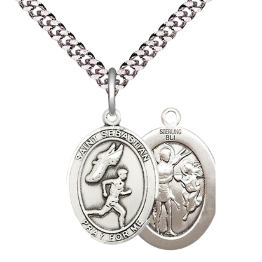 Medium Men's .925 Sterling Silver Saint St. Sebastian Track and Field Medal Pendant on 24 Inch Endless Rhodium Plated Heavy Curb Brass Chain, Catholic Religious Necklace - Made in USA- Deluxe Velvet Gift Box