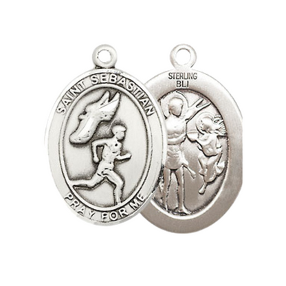 Medium Men's .925 Sterling Silver Saint St. Sebastian Track and Field Medal Pendant on 24 Inch Endless Rhodium Plated Heavy Curb Brass Chain, Catholic Religious Necklace - Made in USA- Deluxe Velvet Gift Box