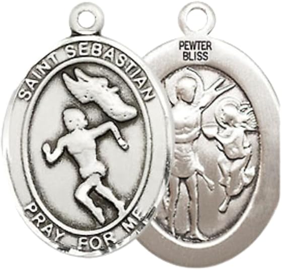 Medium Women's Pewter Saint St. Sebastian Track and Field Pendant Necklace on 18- inch Rhodium- Plated Lite Curb Brass Chain – 3/4- inch Medal with Lobster Claw Clasp, Catholic Medal – Velvet Gift Box Included