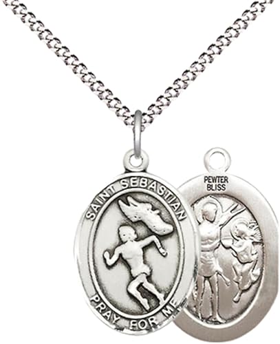 Medium Women's Pewter Saint St. Sebastian Track and Field Pendant Necklace on 18- inch Rhodium- Plated Lite Curb Brass Chain – 3/4- inch Medal with Lobster Claw Clasp, Catholic Medal – Velvet Gift Box Included