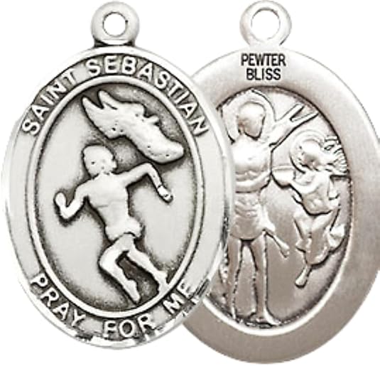 Medium Pewter Saint St. Sebastian Track and Field Medal Pendant on 24 Inch Endless Rhodium Plated Heavy Curb Brass Chain, Catholic Religious Necklace - Made in USA- Deluxe Velvet Gift Box