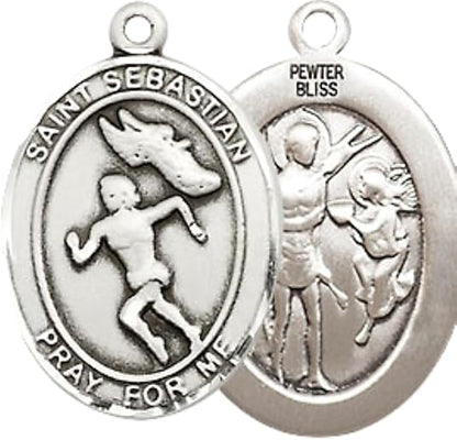 Medium Pewter Saint St. Sebastian Track and Field Medal Pendant on 24 Inch Endless Rhodium Plated Heavy Curb Brass Chain, Catholic Religious Necklace - Made in USA- Deluxe Velvet Gift Box