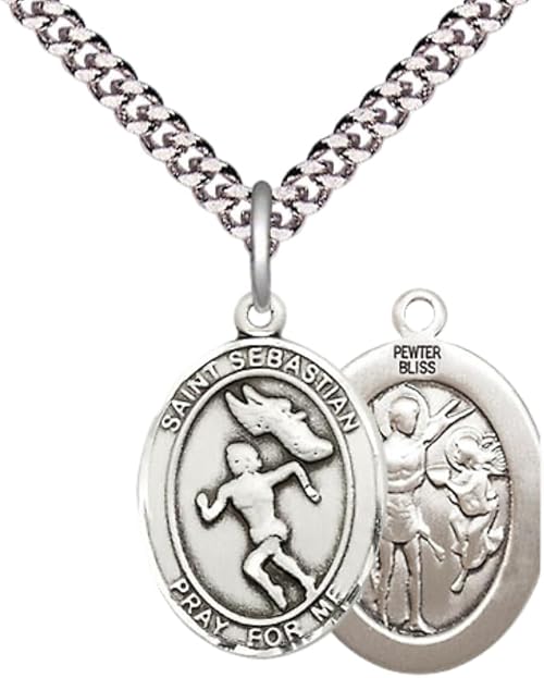 Medium Pewter Saint St. Sebastian Track and Field Medal Pendant on 24 Inch Endless Rhodium Plated Heavy Curb Brass Chain, Catholic Religious Necklace - Made in USA- Deluxe Velvet Gift Box