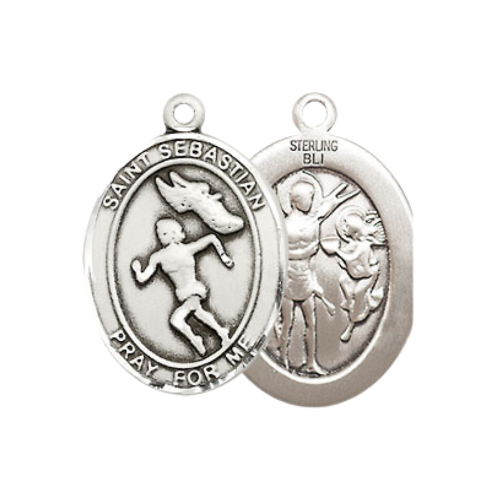 Medium Women's Sterling Silver Saint Sebastian Track and Field Pendant Necklace on 18-Inch Rhodium-Plated Lite Curb Brass Chain with Velvet Gift Box | Patron Saint of Athletes & Soldiers